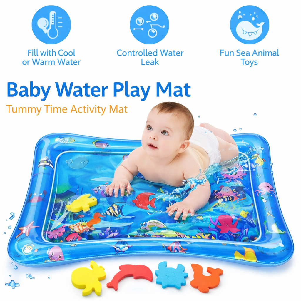 Baby Water Play Mat, features a colorful underwater design with floating foam toys
